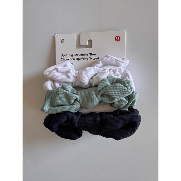 lululemon athletica Accessories - New Lululemon Uplifting Scrunchies With Bow 3 Pack Multi RPTD/TRNV/WHT Logo Nwt